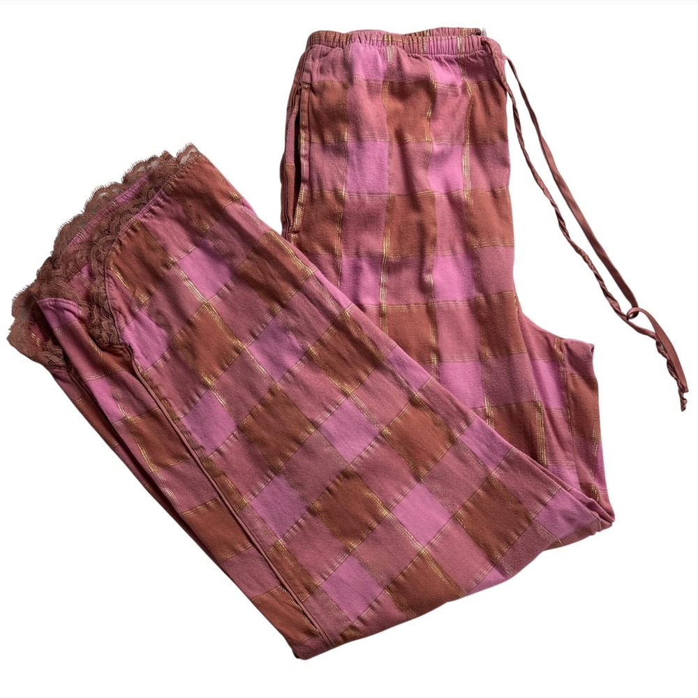 Victoria's Secret Pink Plaid Gold Lurex Lace Trim Pajama lounge Pants women M